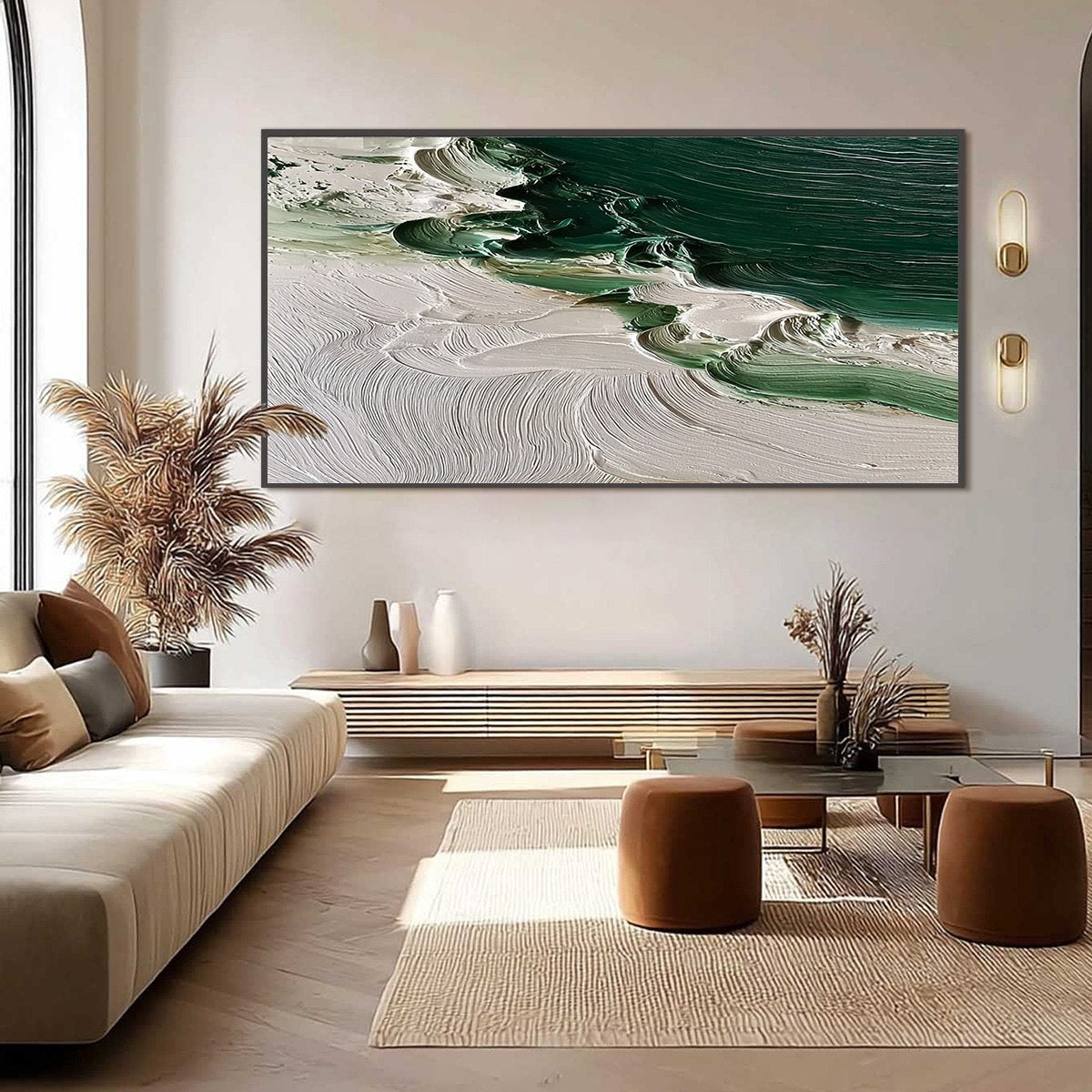 EMERALD TIDE: Textured Green and White Wabi Sabi Abstract Painting