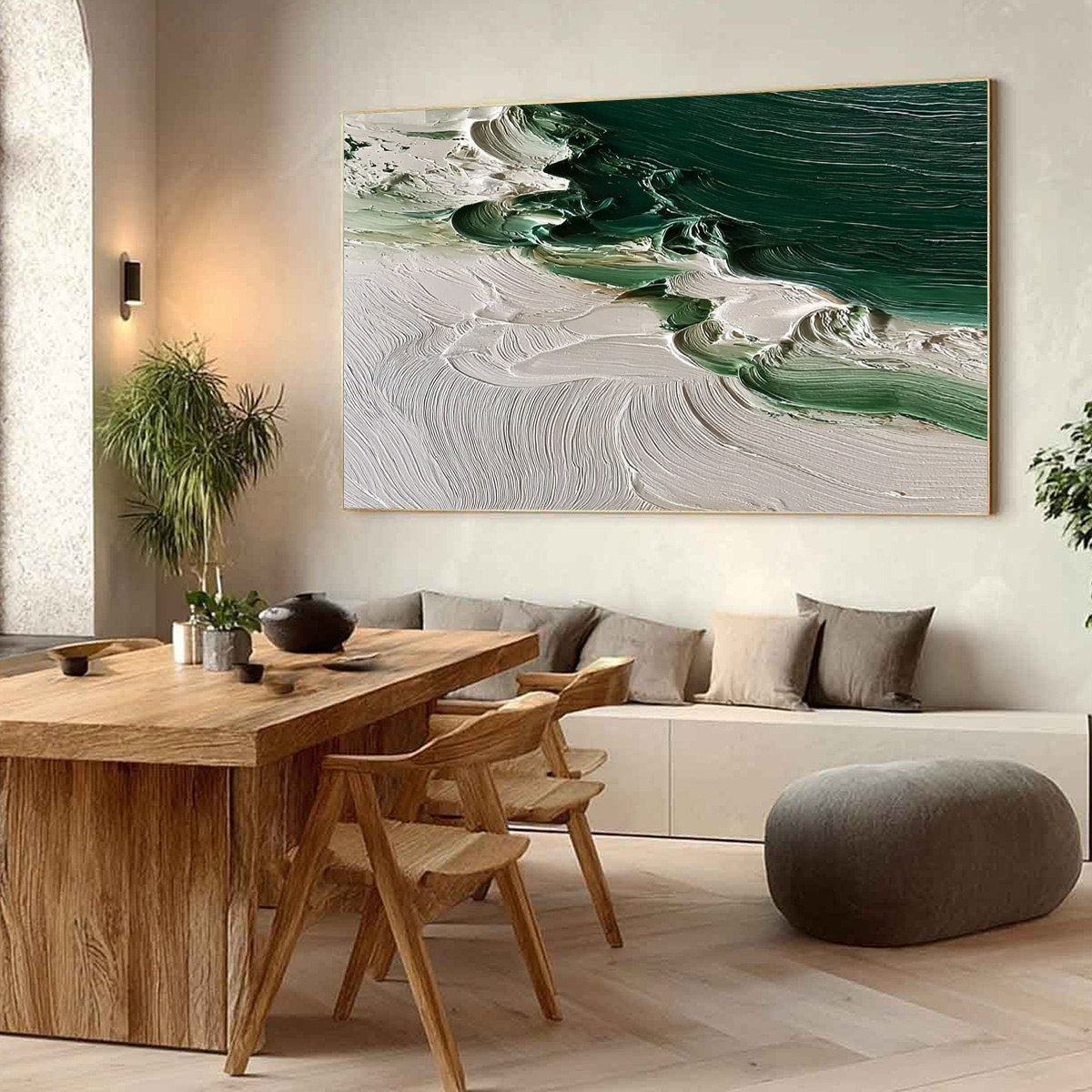 EMERALD TIDE: Textured Green and White Wabi Sabi Abstract Painting