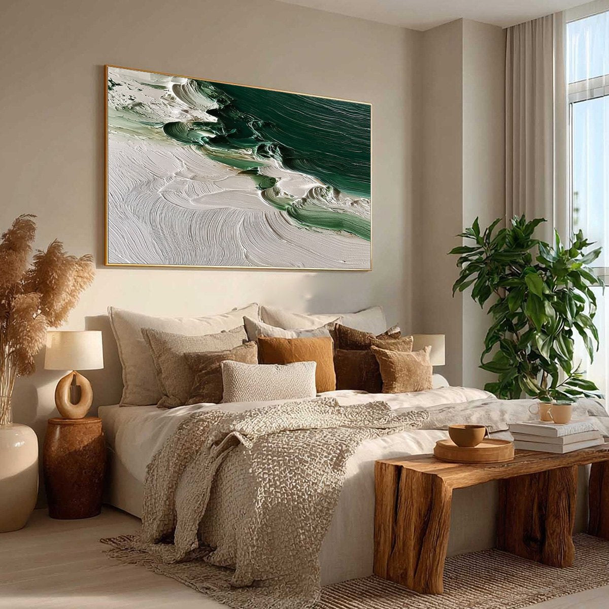 EMERALD TIDE: Textured Green and White Wabi Sabi Abstract Painting