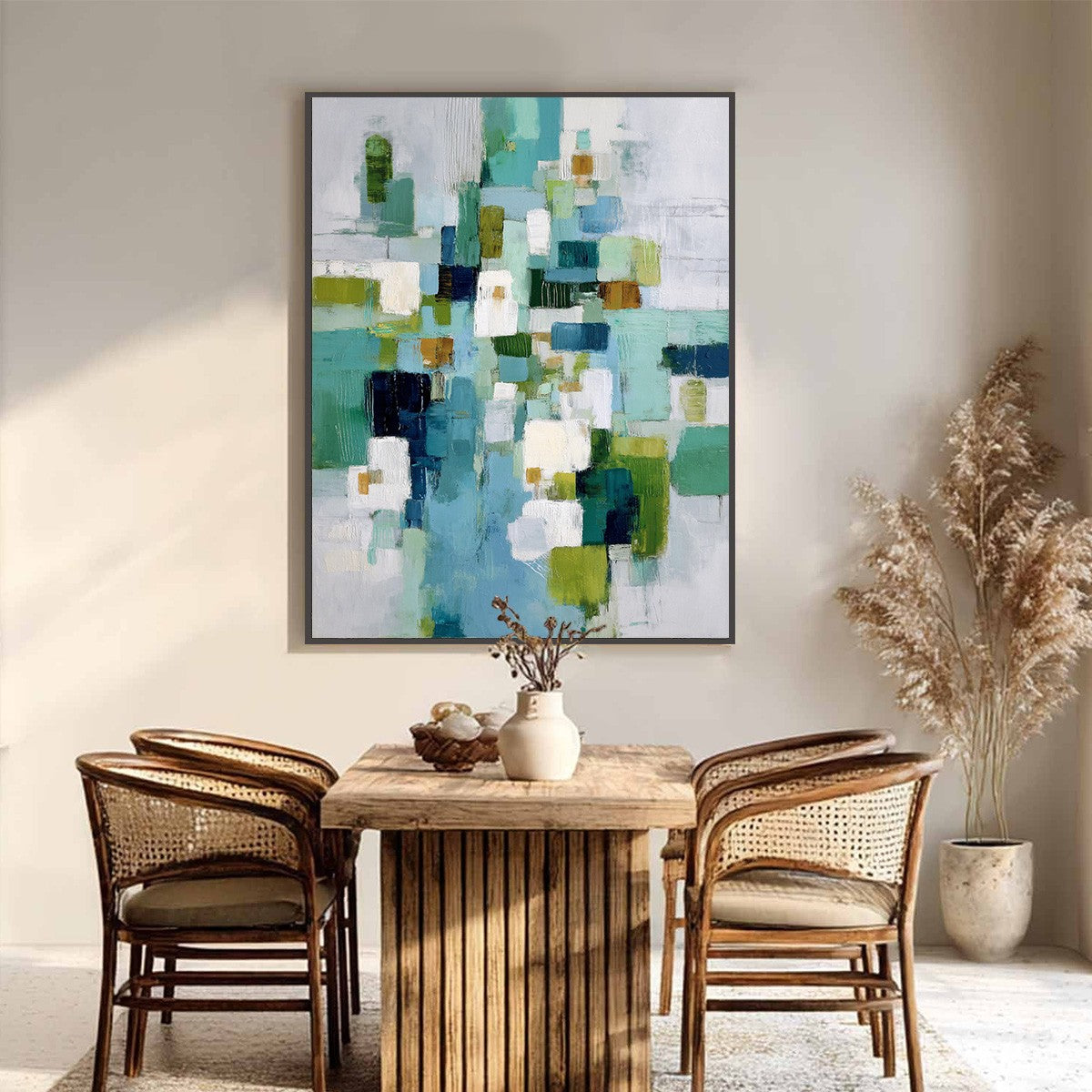 EMERALD CASCADE: Modern Geometric Abstract Painting in Green and Blue