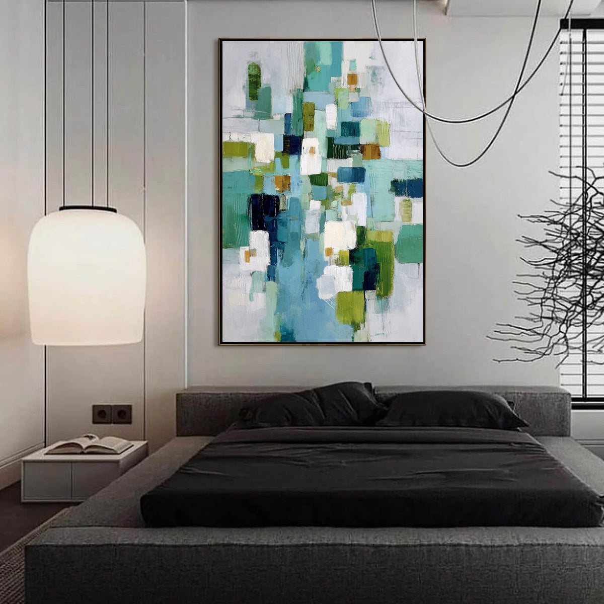 EMERALD CASCADE: Modern Geometric Abstract Painting in Green and Blue