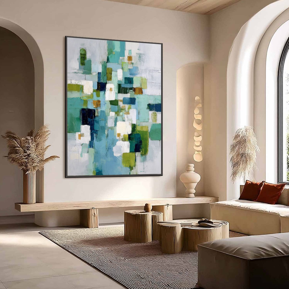 EMERALD CASCADE: Modern Geometric Abstract Painting in Green and Blue