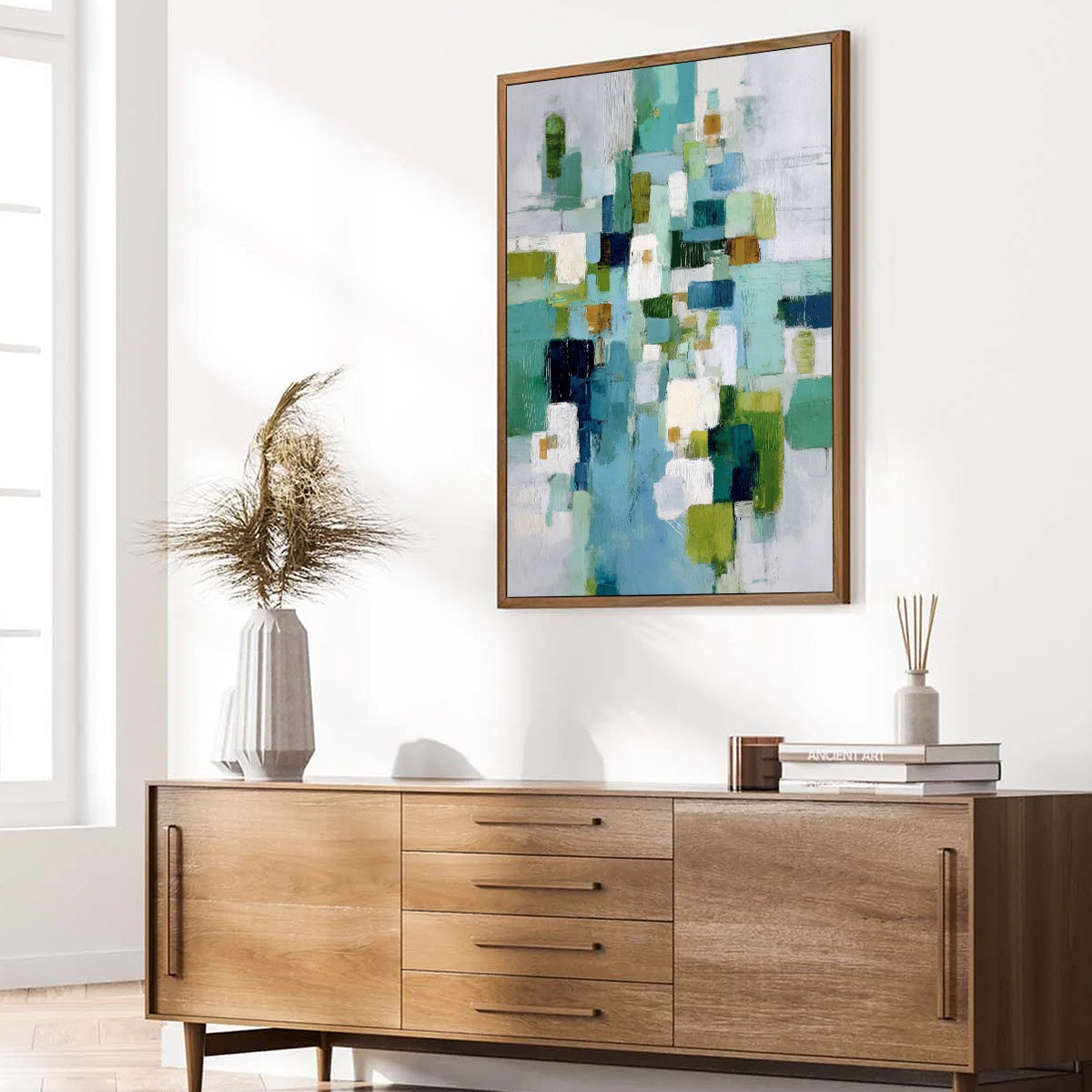 EMERALD CASCADE: Modern Geometric Abstract Painting in Green and Blue