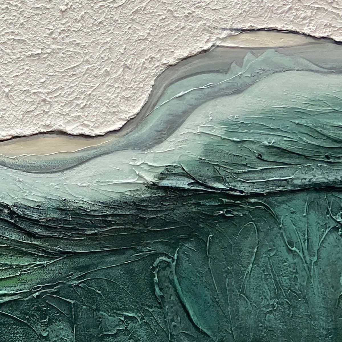 EMERALD DEPTHS: Textured Abstract Seascape Painting, Green and White Wall Art, Panoramic Canvas, Coastal Decor