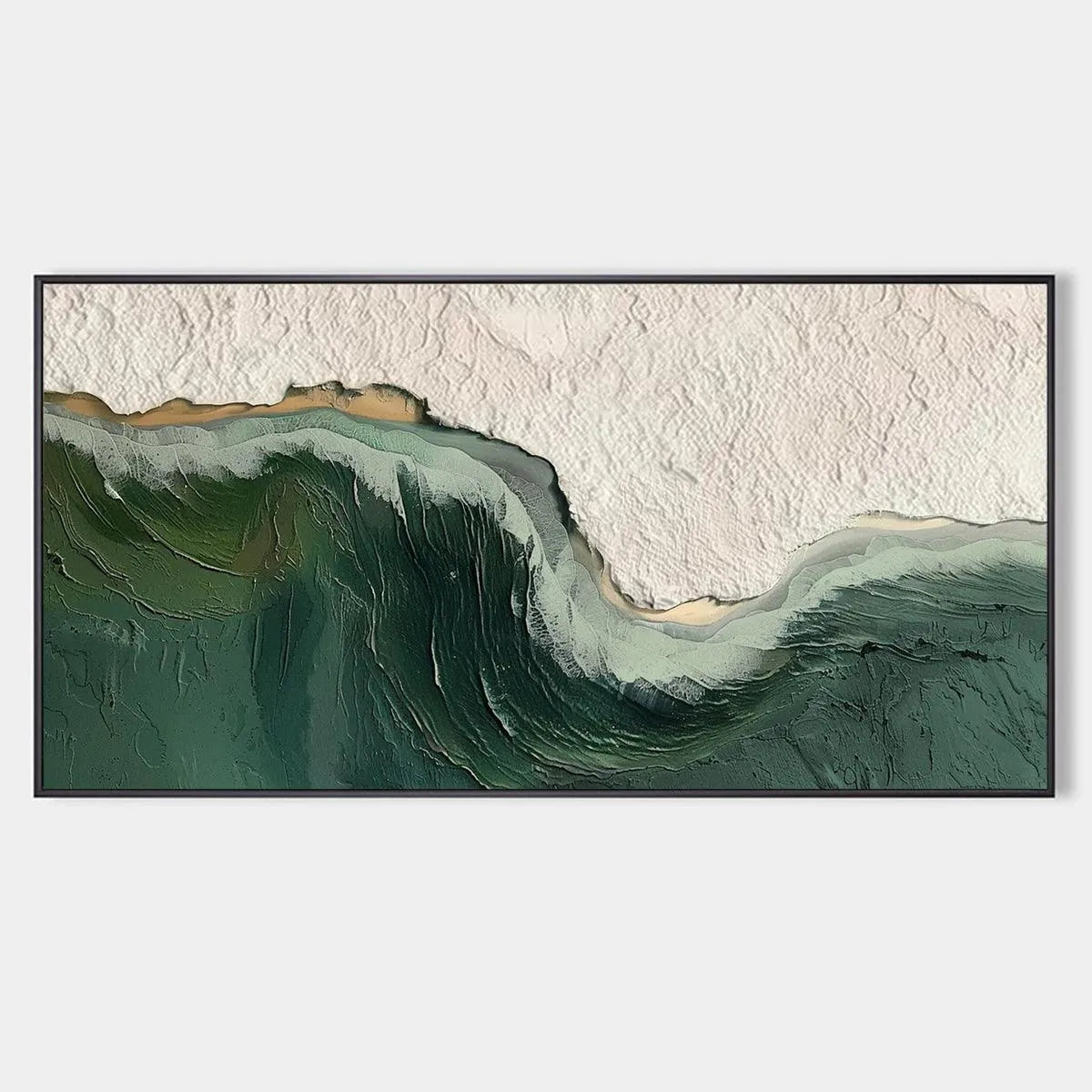 Textured Abstract Seascape Painting, Green and White Wall Art, Panoramic Canvas, Coastal Decor