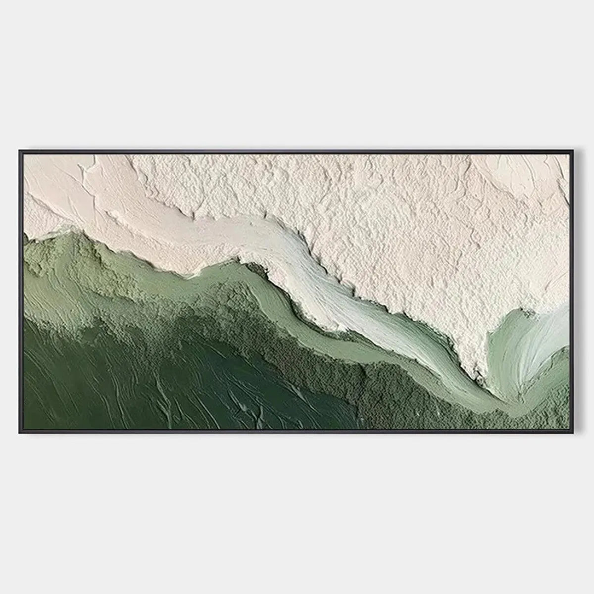 Textured Abstract Landscape Painting, Green and White Wall Art, Panoramic Canvas, Nature-Inspired Decor