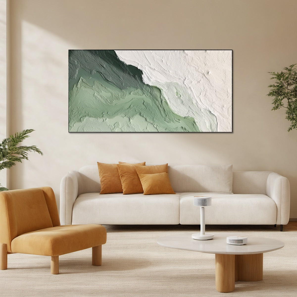 Emerald Flow: Original Abstract Green and White Oil Painting - Textured Minimalist Wall Art Decor