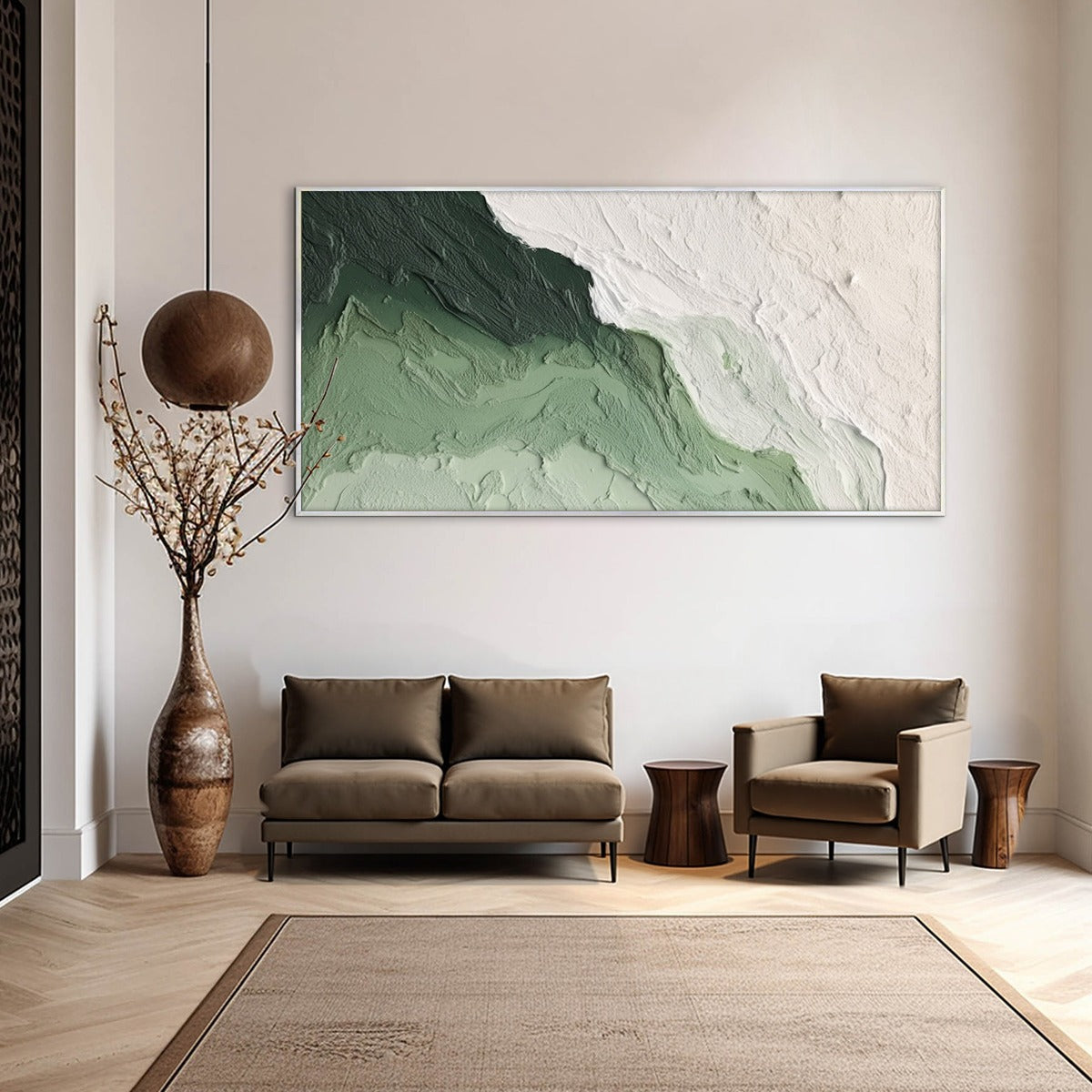 EMERALD FLOW: Textured Abstract Green and White Oil Painting