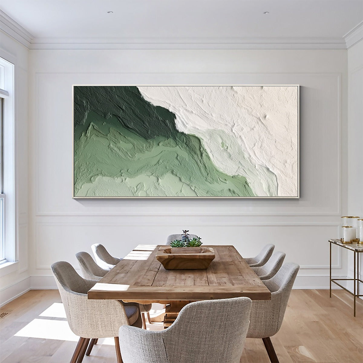 EMERALD FLOW: Textured Abstract Green and White Oil Painting