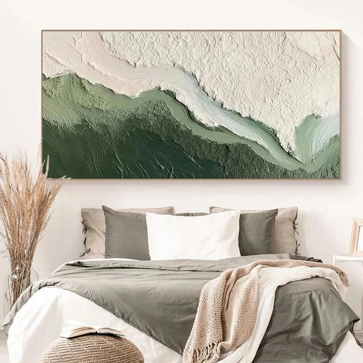 EMERALD FLOW: Textured Abstract Landscape Painting, Green and White Wall Art, Panoramic Canvas, Nature-Inspired Decor