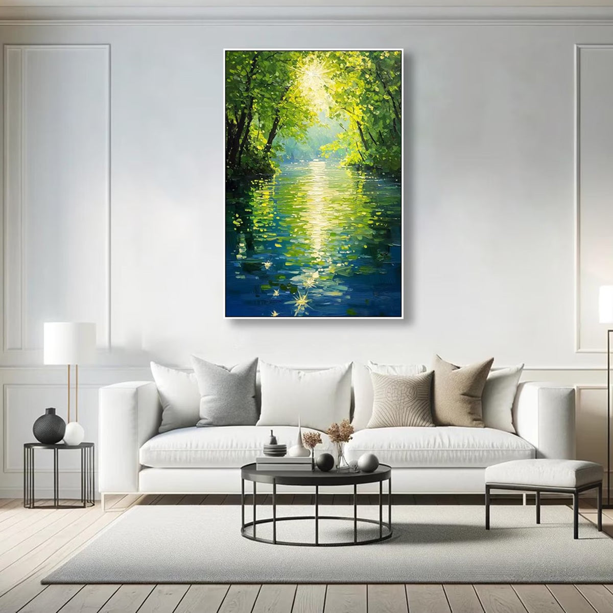 EMERALD GLOW: Impressionist Forest River Landscape Painting