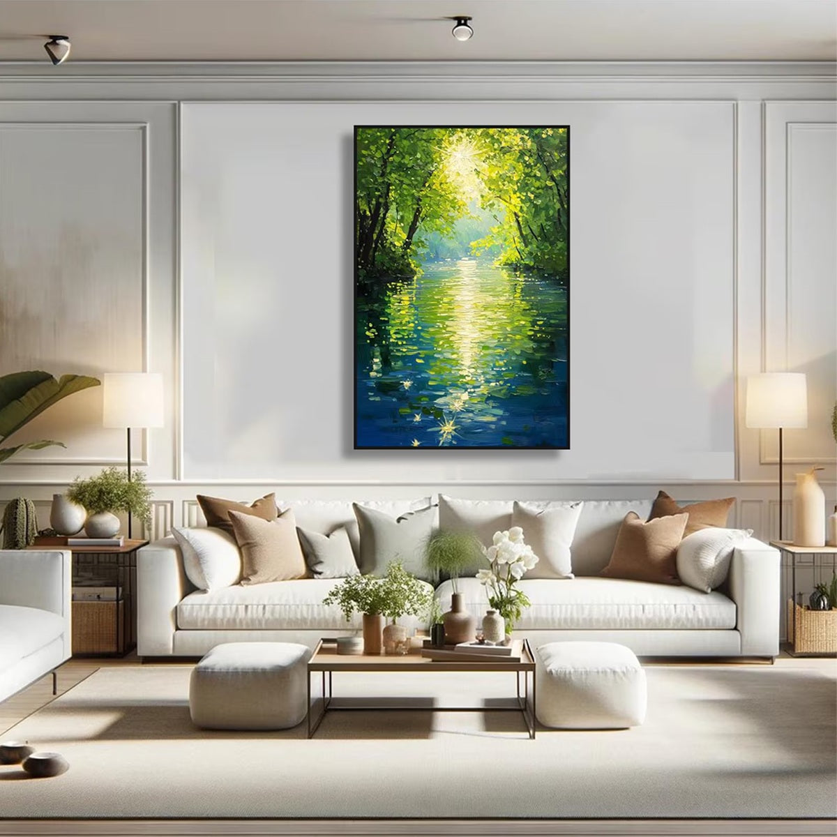 EMERALD GLOW: Impressionist Forest River Landscape Painting