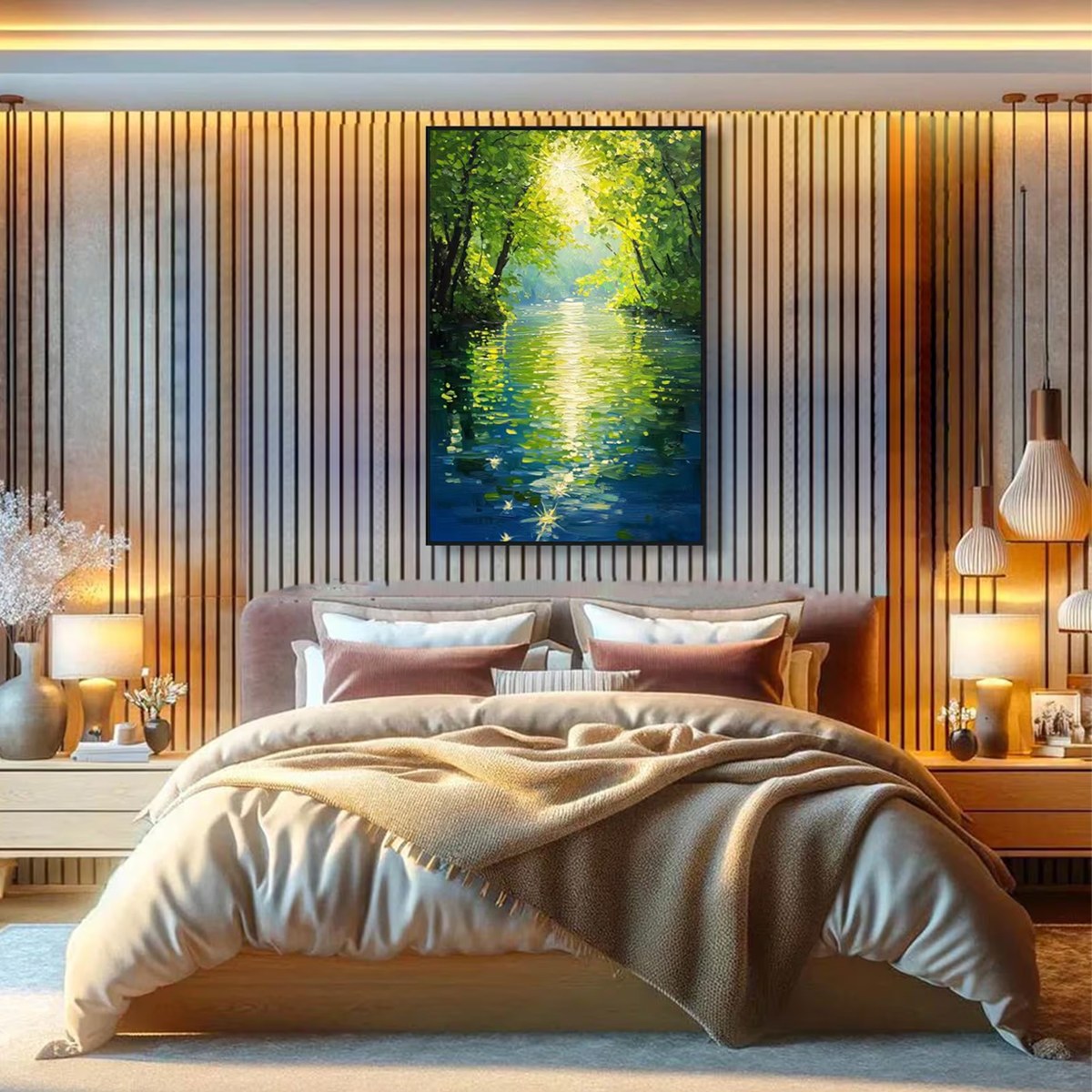 EMERALD GLOW: Impressionist Forest River Landscape Painting