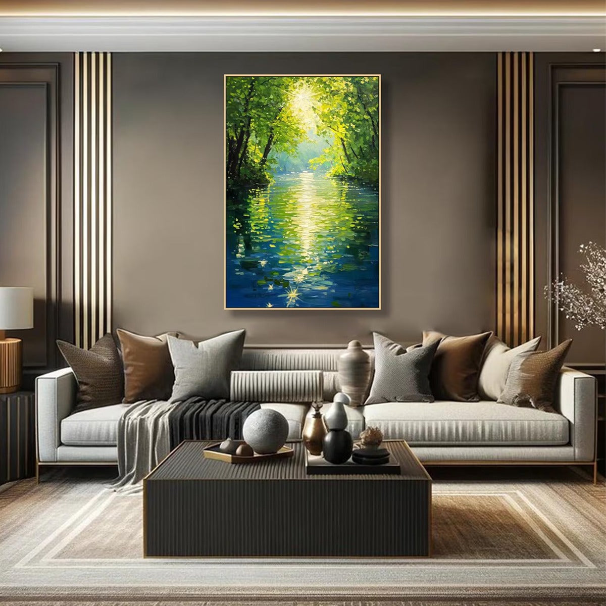 EMERALD GLOW: Impressionist Forest River Landscape Painting