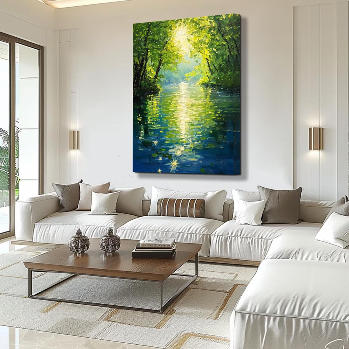 EMERALD GLOW: Impressionist Forest River Landscape Painting