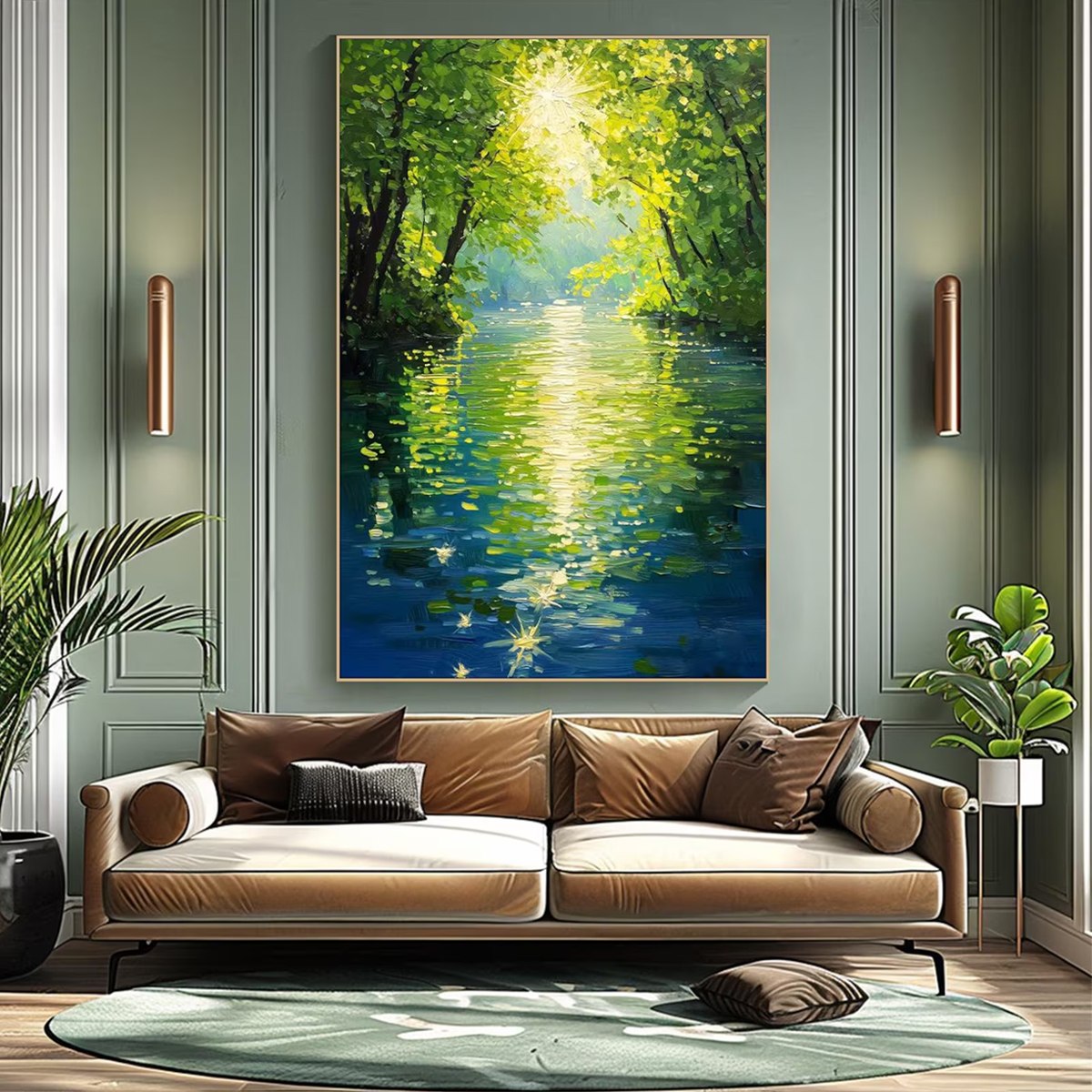 EMERALD GLOW: Impressionist Forest River Landscape Painting