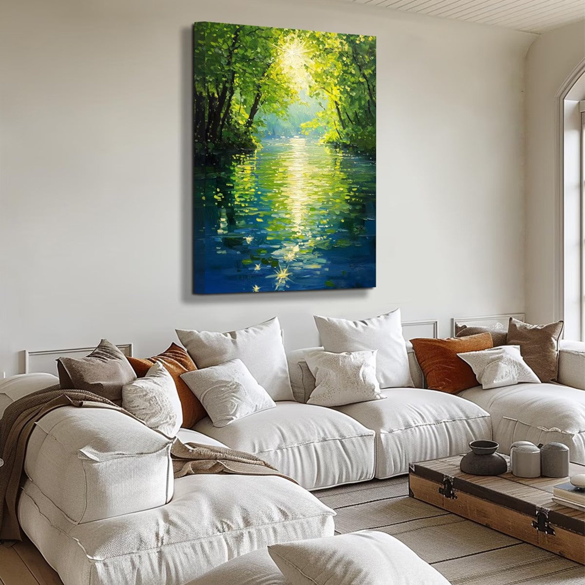 EMERALD GLOW: Impressionist Forest River Landscape Painting