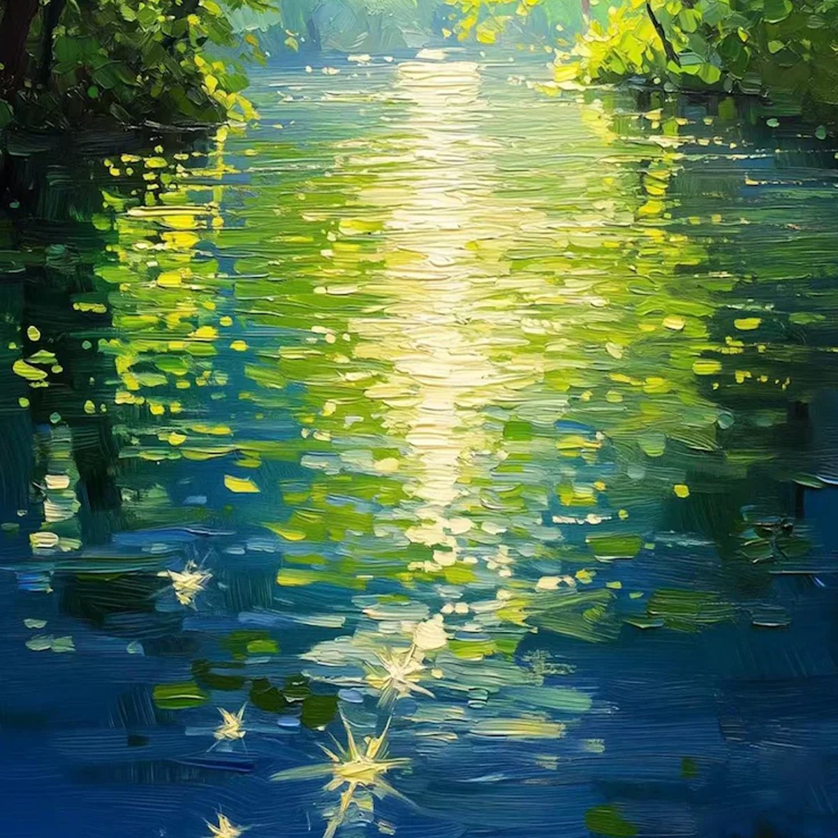 EMERALD GLOW: Impressionist Forest River Landscape Painting