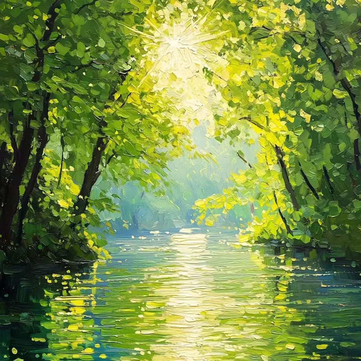 EMERALD GLOW: Impressionist Forest River Landscape Painting