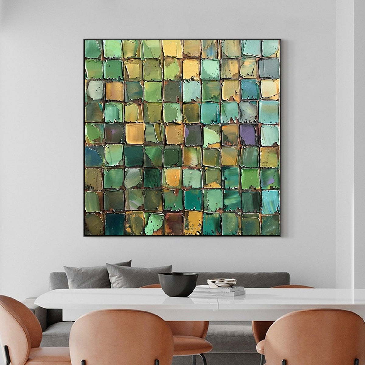 EMERALD MOSAIC: Textured Abstract Green and Gold Oil Painting