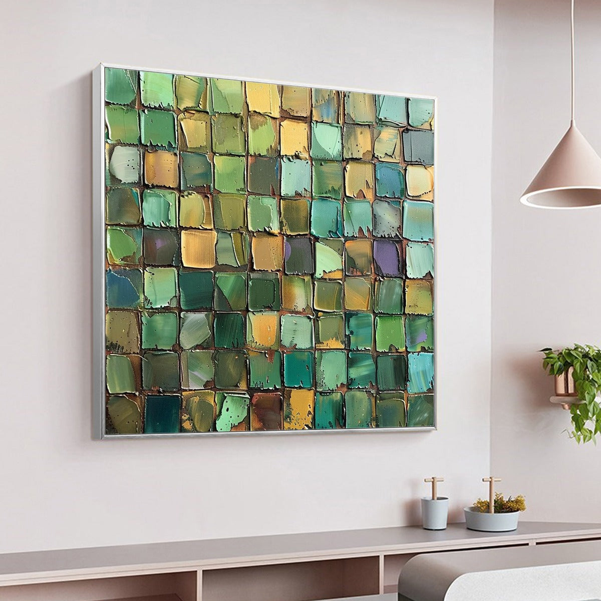 EMERALD MOSAIC: Textured Abstract Green and Gold Oil Painting