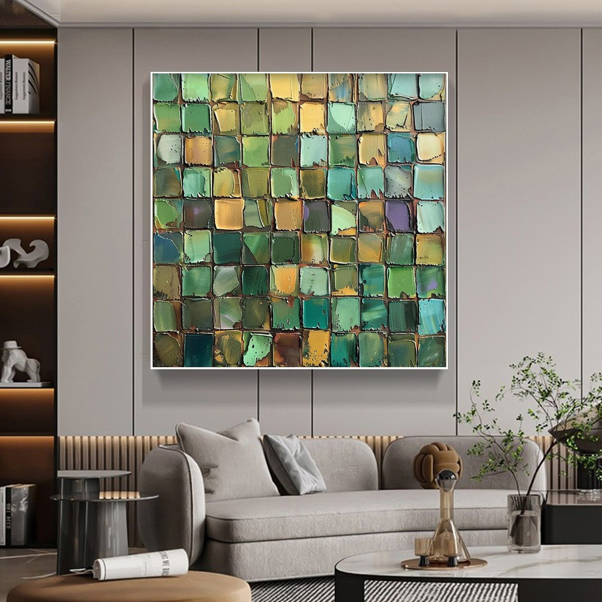 EMERALD MOSAIC: Textured Abstract Green and Gold Oil Painting