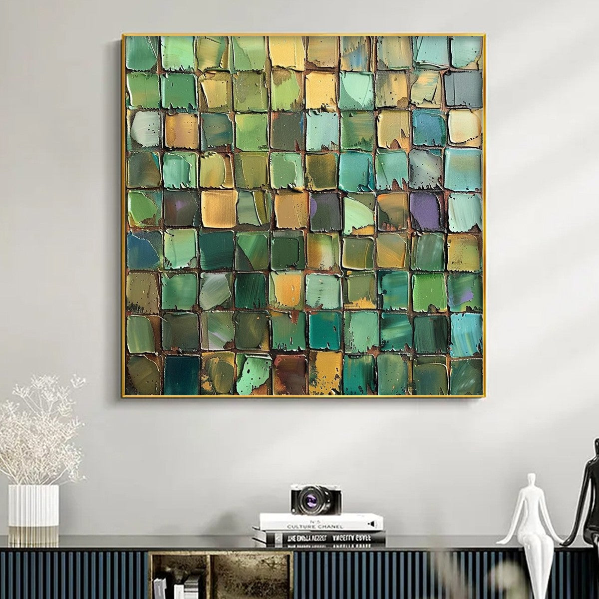 Emerald Mosaic: Original Abstract Green Oil Painting - Textured Square Wall Art