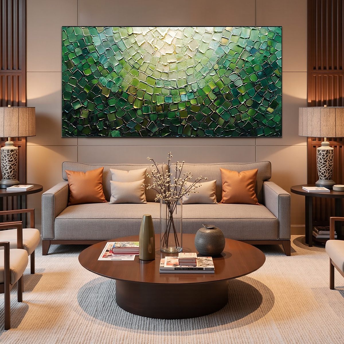 EMERALD MOSAIC: Textured Abstract Green and Gold Oil Painting