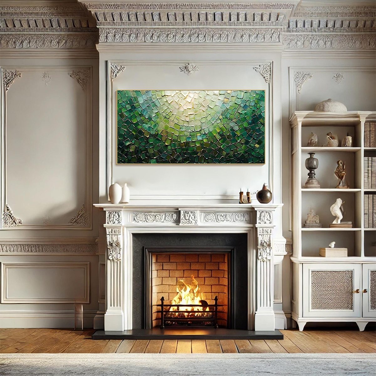 EMERALD MOSAIC: Textured Abstract Green and Gold Oil Painting