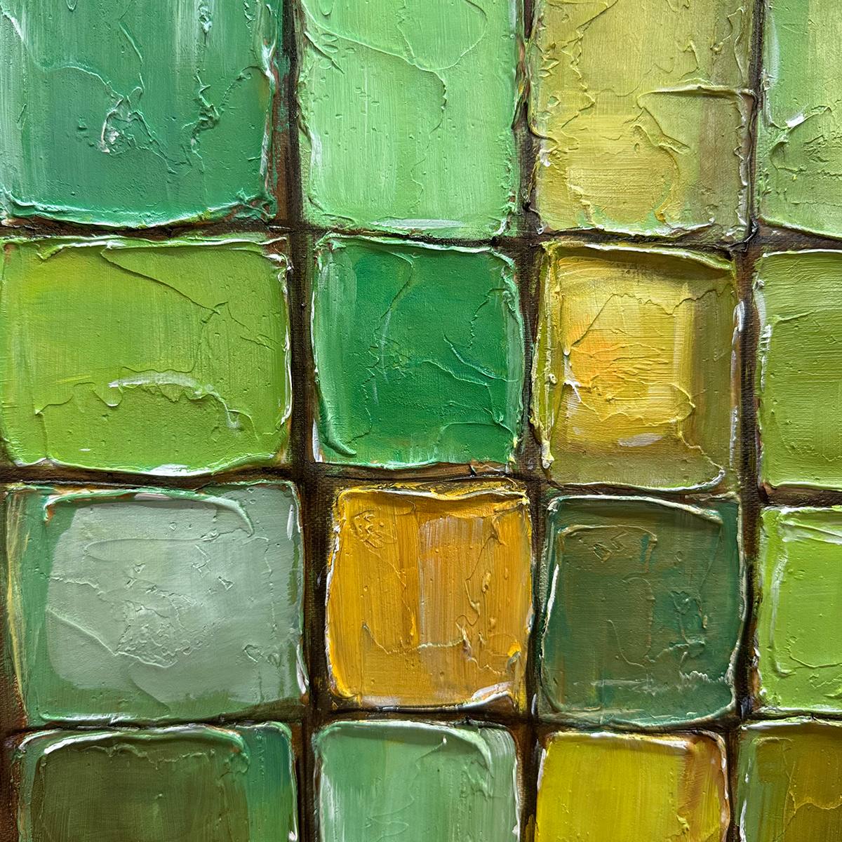 EMERALD MOSAIC: Textured Abstract Green and Gold Oil Painting
