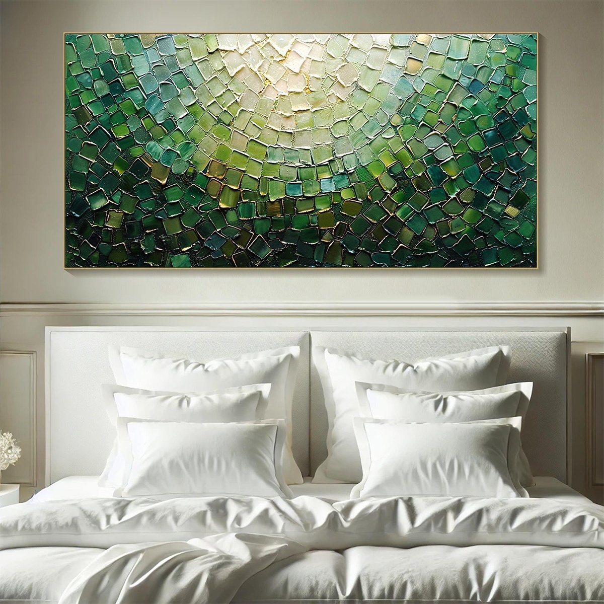 Emerald Mosaic: Original Abstract Green and Gold Oil Painting - Textured Panoramic Wall Art Decor