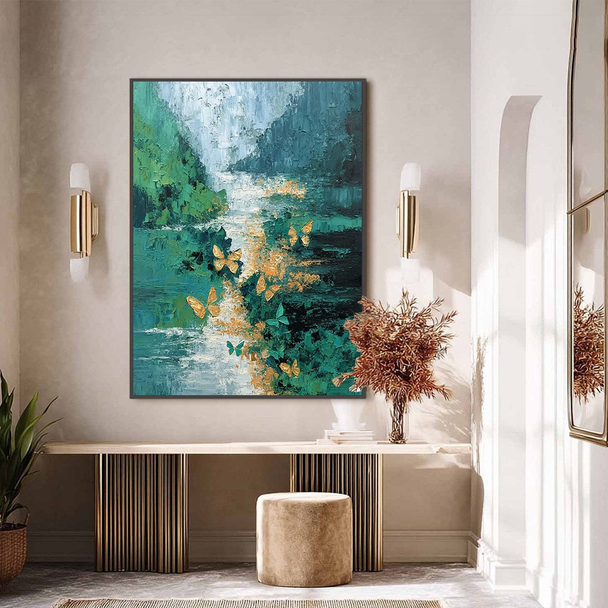 EMERGENCE: Textured Impasto River Painting with Golden Butterflies