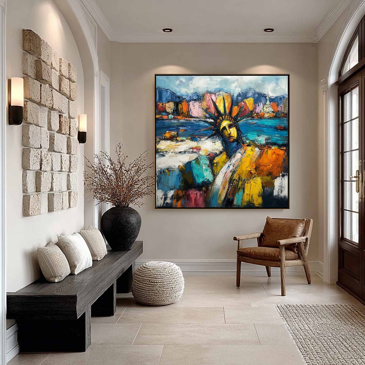 EMPIRE VIBRATIONS: Textured Abstract Statue of Liberty Cityscape Painting