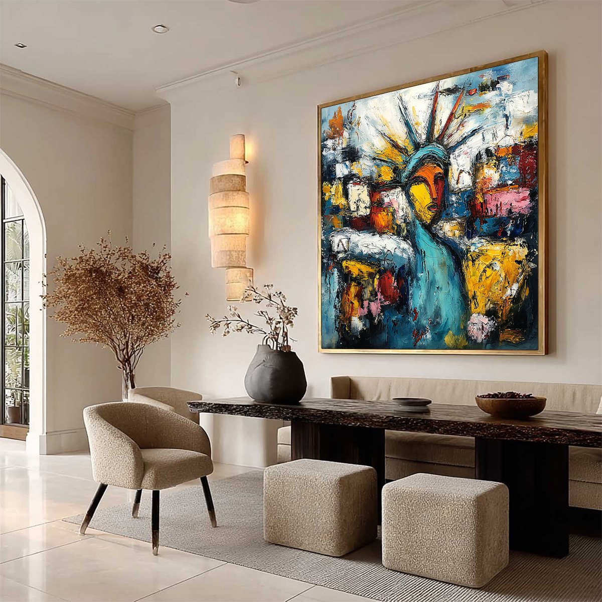 EMPIRE VIBRATIONS: Textured Abstract Statue of Liberty Cityscape Painting