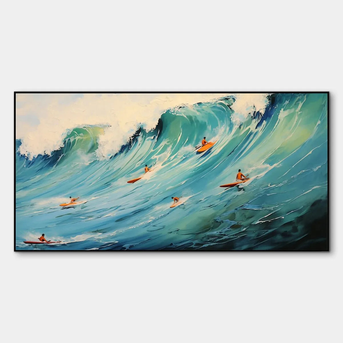 Panoramic Ocean Painting of Surfers on a Majestic Wave