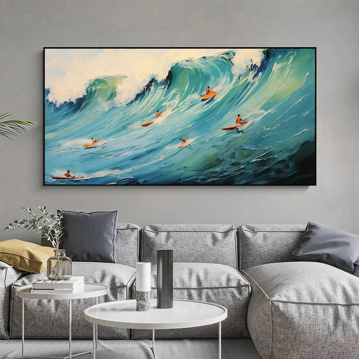Panoramic Ocean Painting of Surfers on a Majestic Wave