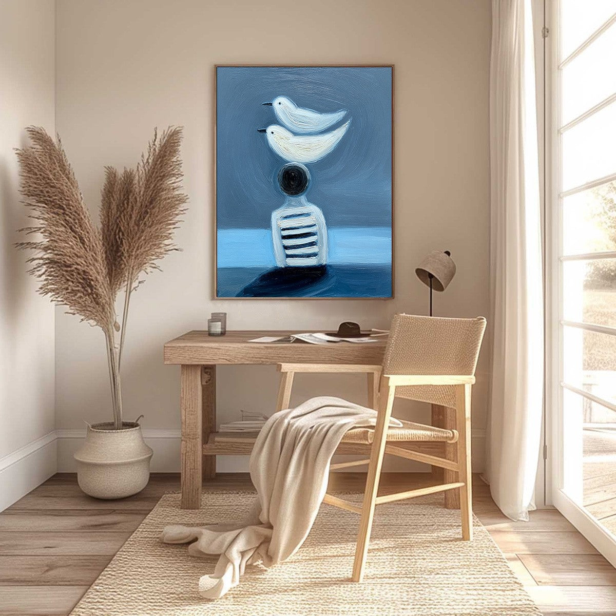 Modern wall art: original textured oil painting "EQUILIBRIUM" with blue figurative style.