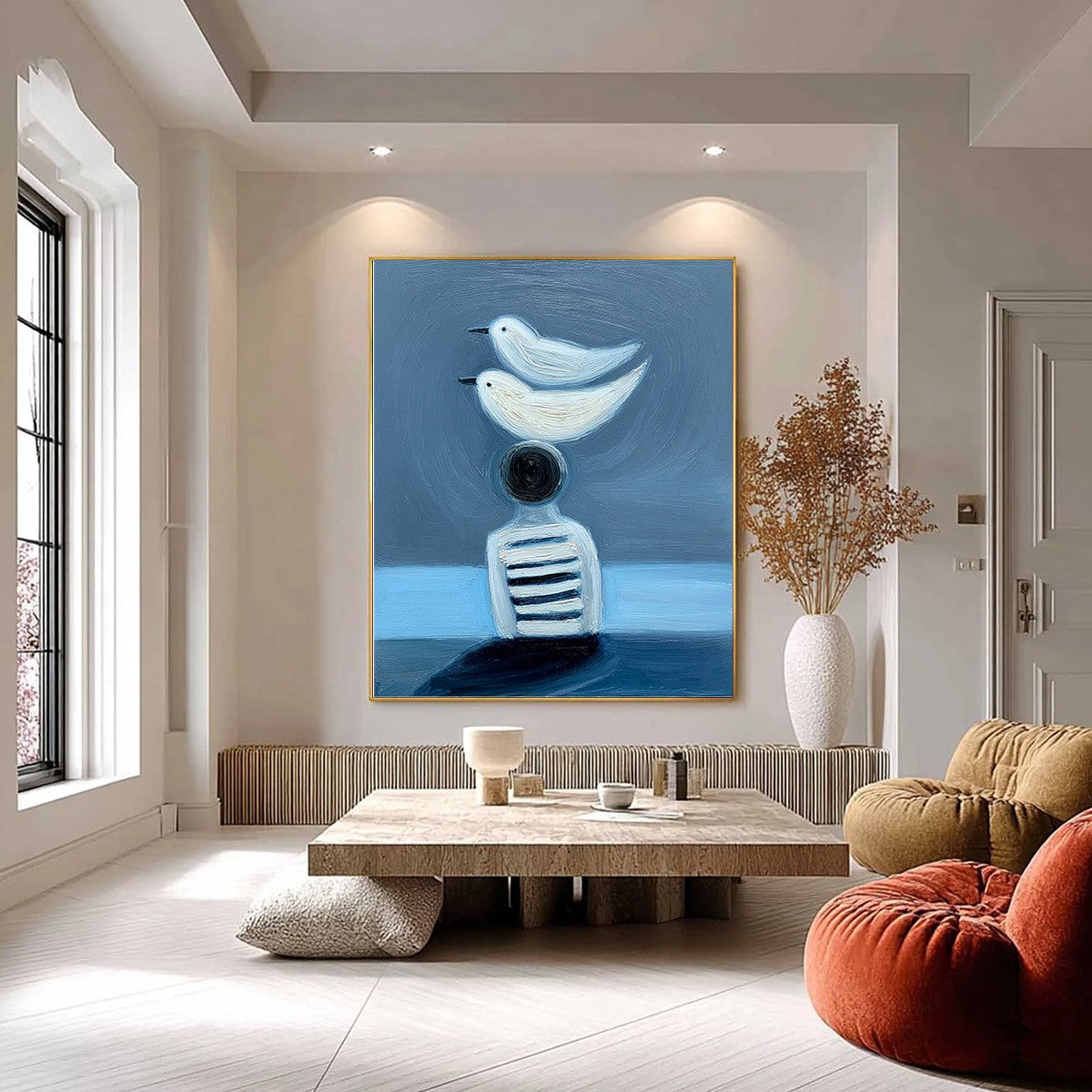 EQUILIBRIUM: Serene blue textured figurative oil painting with balanced birds.