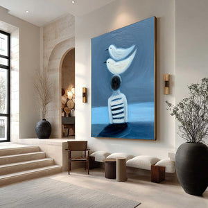 Original textured impasto oil painting 'EQUILIBRIUM' serene blue figure, birds.