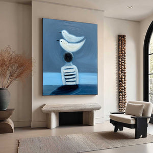 Original serene blue textured figurative oil painting 'EQUILIBRIUM' with birds.