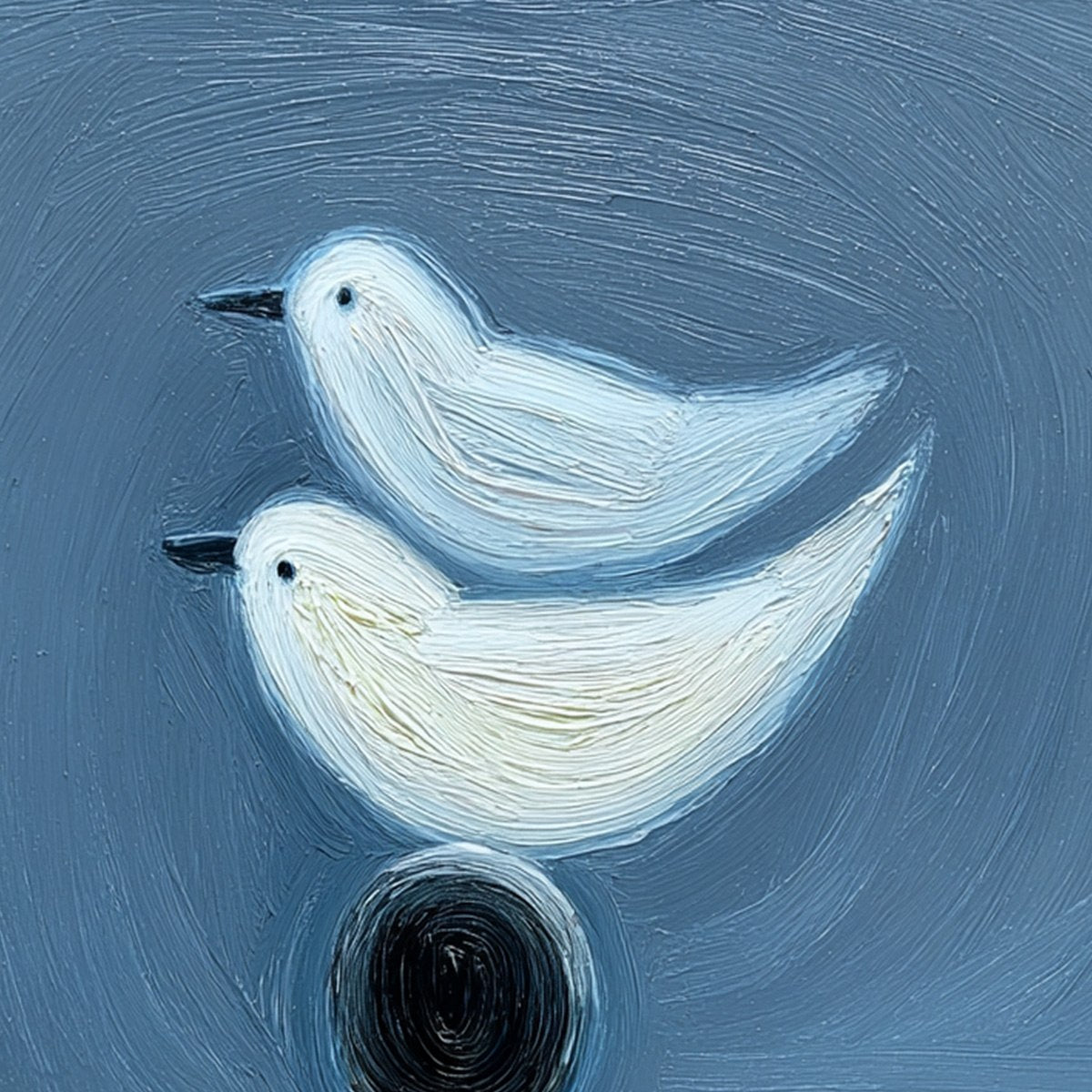 Equilibrium: Two white textured birds on dark perch, blue impasto oil painting, original wall art.