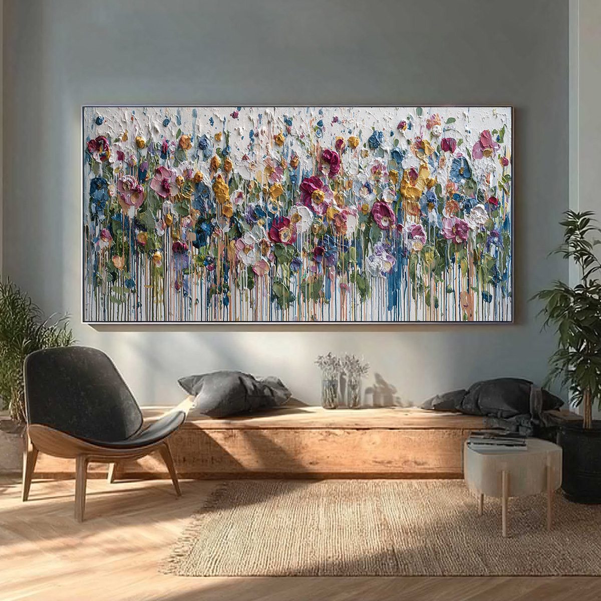 ETERNAL BLOOM: Colorful Textured Impasto Flower Field Painting