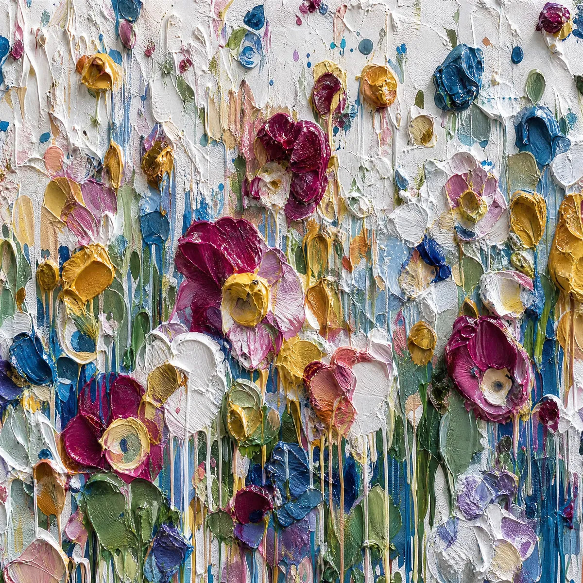 Colorful impasto flower field oil painting with thick textured petals