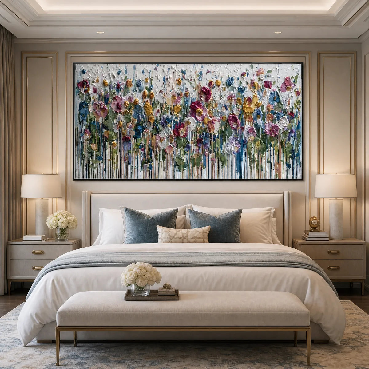 Colorful impasto flower field wall art above a luxury bed in a modern bedroom