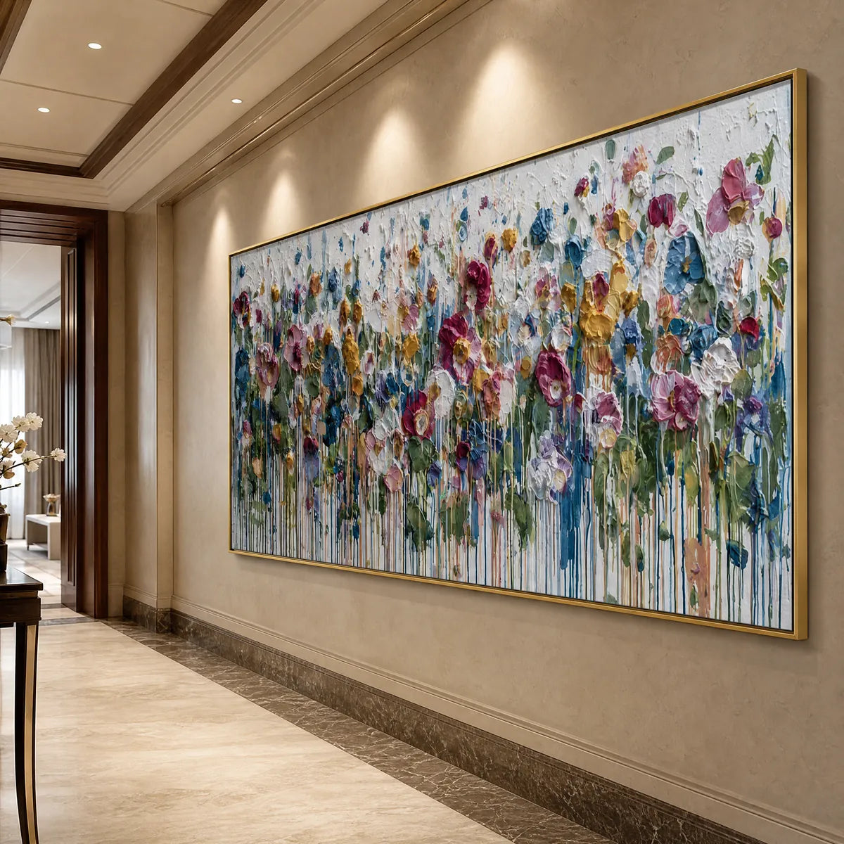 Large impasto flower field wall art with colorful textured oil painting and blue drips