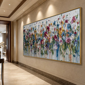 Large impasto flower field wall art with colorful textured oil painting and blue drips