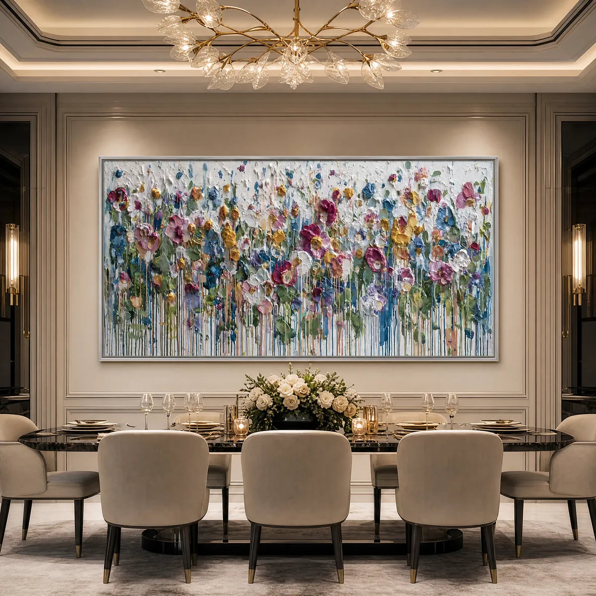 Colorful impasto flower field painting with textured oil and acrylic drips