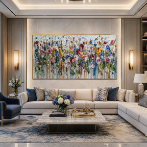 Colorful impasto flower field painting in gold frame above elegant modern sofa