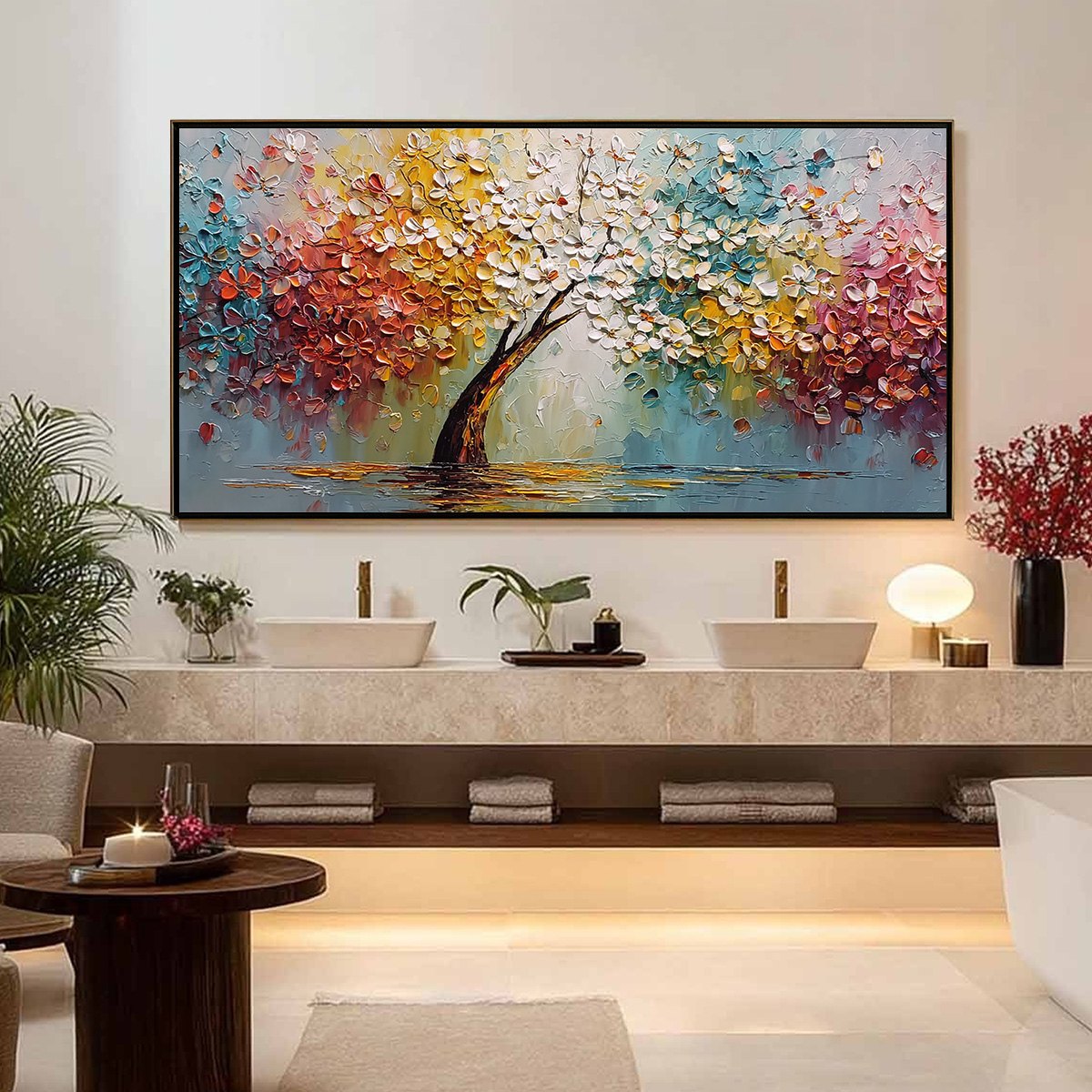 ETERNAL BLOSSOM: Colorful Textured Palette Knife Tree of Life Painting