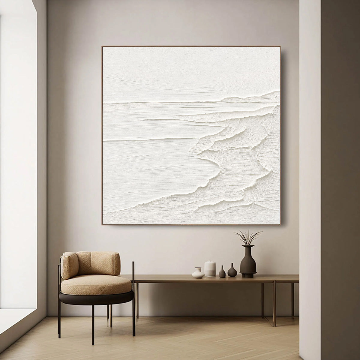 ETERNAL SHORE: Minimalist White Textured Seascape Painting